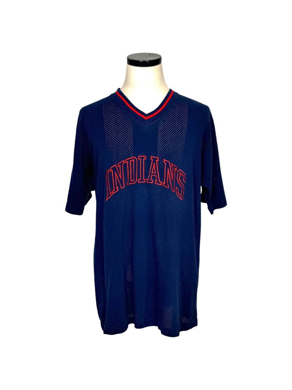Reebok MLB Indians Jersey Large Navy Red V-Neck Mesh 90s Vintage Baseball Shirt